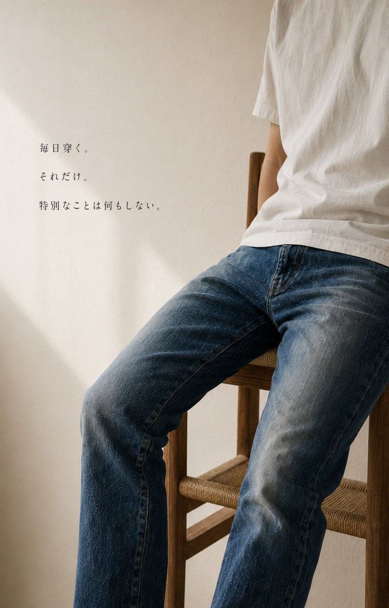 hitoshi24210's tweet photo. 毎日穿く。
それだけ。
特別なことは何もしない。

糊もつけず、ひげも狙わない。
歩いて、座って、いつものように洗う。

以前は、自分がデニムを育てていると思っていた。
でも本当は、毎日の生活がデニムを変えていたのかもしれない。

あなたの一本には、
どんな毎日が残っていますか？ https://t.co/2RMborQ2lT