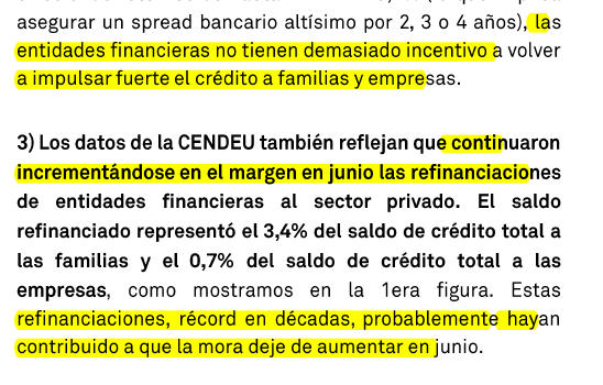 arilijalad's tweet photo. Milei le dio RT a esto.

El mercado, obviamente, lee el infome completo. 

Y dice que:
- es difícil descartar que no vuelva a aumentar la morosidad
- bajó porque dejaron de prestar
- los bancos "no tienen demasiado incentivo" para seguir prestando
- la morosidad frenó en los bancos pero siguió creciendo en las billeteras virtuales
- el freno puede explicarse por refinanciamientos, o sea, aún deben
- ningún país de nuestro tamaño tiene este nivel de morosidad