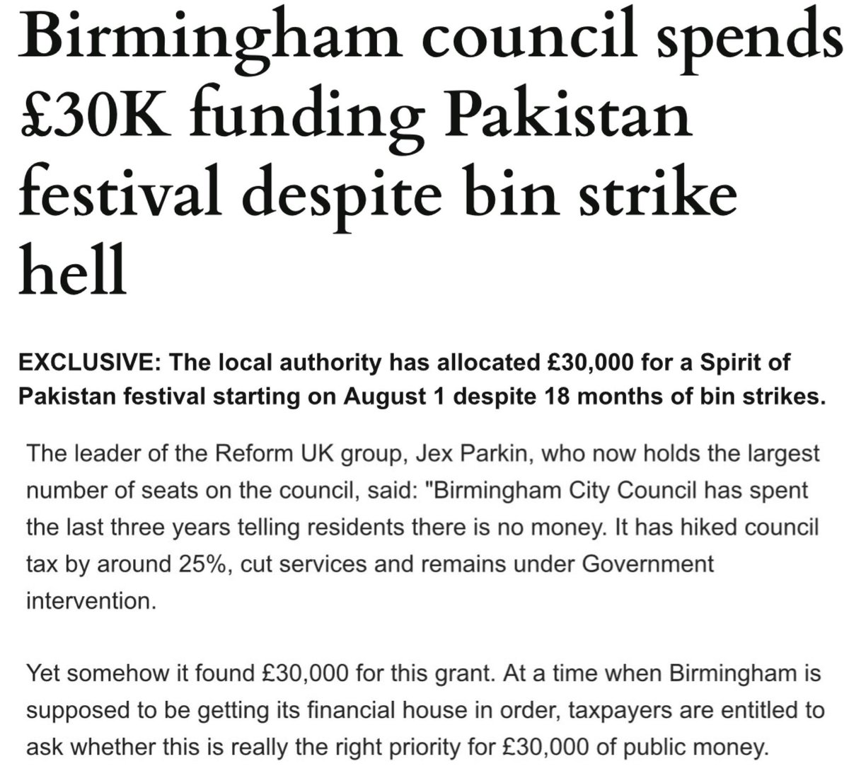 JexParkin's tweet photo. 💰Birmingham City Council has spent £30,000 of taxpayer money on a 14 day ‘Spirit of Pakistan’ festival, including a Pakistan flag raising ceremony in Victoria Square.

The council is £3.2bn in debt and 18 months into a bin strike.

Residents expect better. https://t.co/IYTg3Odjpt