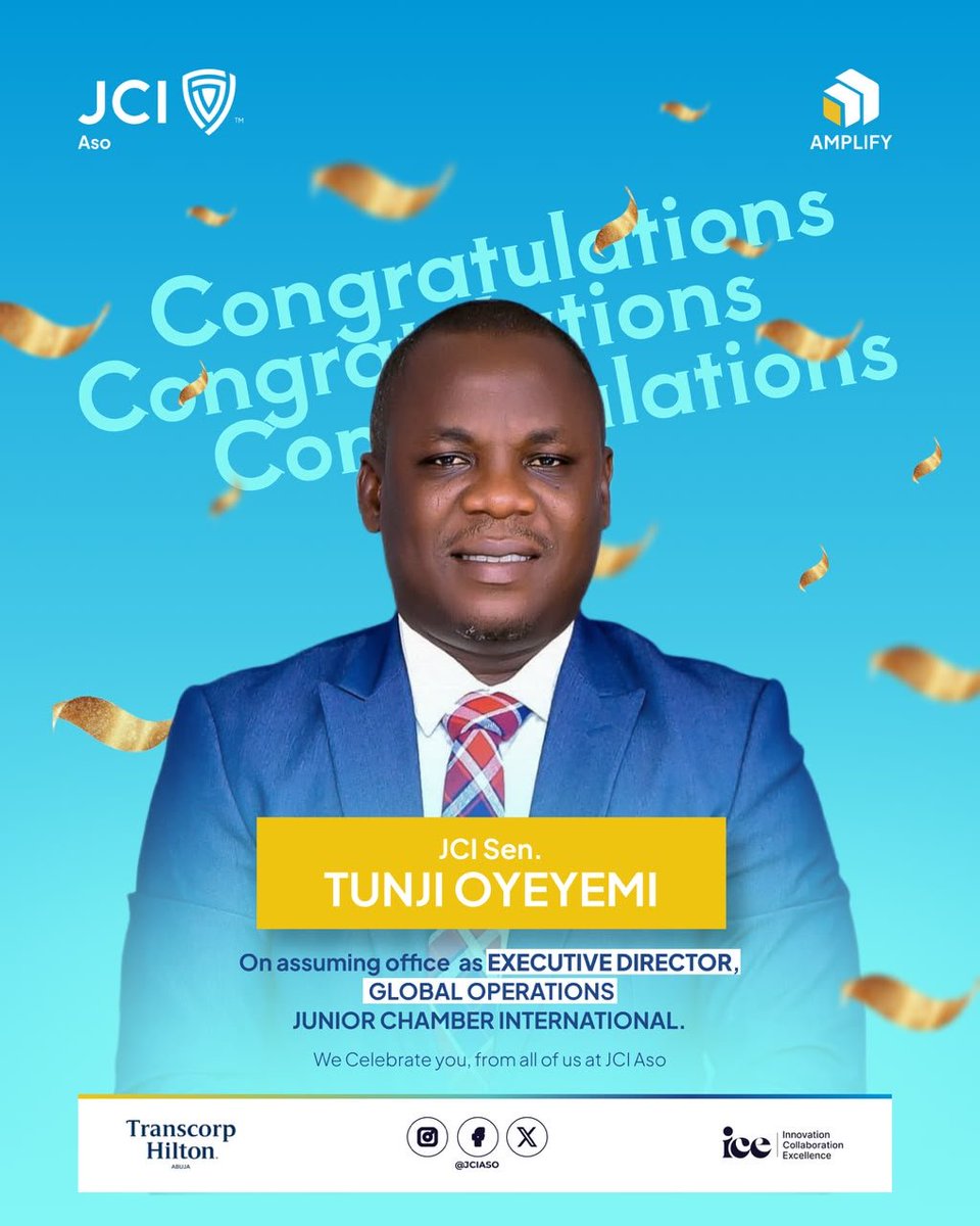 jciaso's tweet photo. JCI Aso celebrates JCI Sen. Tunji Oyeyemi on his appointment as Executive Director, Global Operations, Junior Chamber International! 

This remarkable achievement is a reflection of your exceptional leadership, unwavering commitment to service, https://t.co/THXs9kJcHR