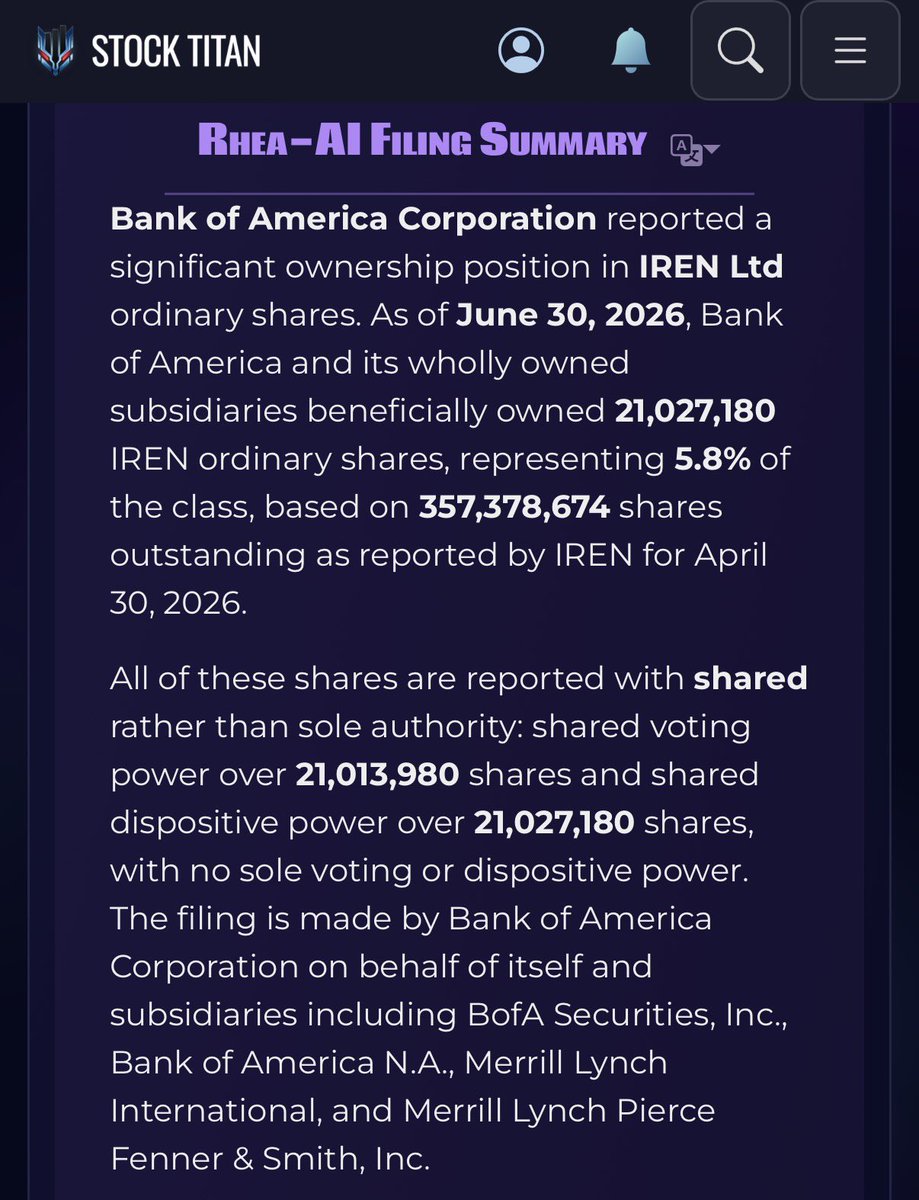 TheBigDegen's tweet photo. 🚨 QUESTION:

WHY DID BANK OF AMERICA PURCHASE 5.8% OF $IREN?? 👀👀

$IREN 🚀🚀🚀🚀🚀 https://t.co/2uBUu2qySd