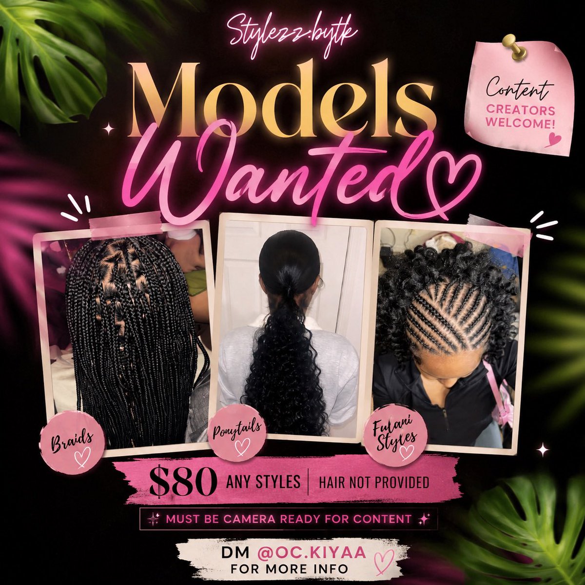 Kiyaathegem's tweet photo. Hey Ladies💖 , I’m a SELF TAUGHT DMV STYLIST! I’m currently looking for models while also having a back 2 school sale🥰 ! Hair IS PROVIDED for braiding styles! 
Dm me on INSTAGRAM for more info @oc.kiyaa 
P.S - YES IM OPEN TO TRY ANYTHING! 🎀 MALES TOO!💈 https://t.co/hHmRbmdie7