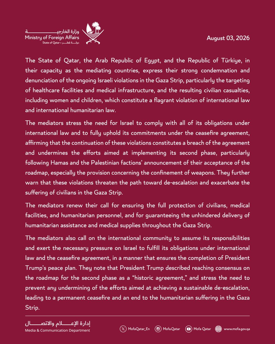 MofaQatar_EN's tweet photo. Joint Statement Issued by the Mediators: The State of Qatar, the Arab Republic of Egypt, and the Republic of Türkiye on the Ongoing Israeli Violations in Gaza

Doha | 03 August 2026

The State of Qatar, the Arab Republic of Egypt, and the Republic of Türkiye, in their capacity as the mediating countries, express their strong condemnation and denunciation of the ongoing Israeli violations in the Gaza Strip, particularly the targeting of healthcare facilities and medical infrastructure, and the resulting civilian casualties, including women and children, which constitute a flagrant violation of international law and international humanitarian law.

The mediators stress the need for Israel to comply with all of its obligations under international law and to fully uphold its commitments under the ceasefire agreement, affirming that the continuation of these violations constitutes a breach of the agreement and undermines the efforts aimed at implementing its second phase, particularly following Hamas and the Palestinian factions’ announcement of their acceptance of the roadmap, especially the provision concerning the confinement of weapons. They further warn that these violations threaten the path toward de-escalation and exacerbate the suffering of civilians in the Gaza Strip.

The mediators renew their call for ensuring the full protection of civilians, medical facilities, and humanitarian personnel, and for guaranteeing the unhindered delivery of humanitarian assistance and medical supplies throughout the Gaza Strip.

The mediators also call on the international community to assume its responsibilities and exert the necessary pressure on Israel to fulfill its obligations under international law and the ceasefire agreement, in a manner that ensures the completion of President Trump’s peace plan. They note that President Trump described reaching consensus on the roadmap for the second phase as a “historic agreement,” and stress the need to prevent any undermining of the efforts aimed at achieving a sustainable de-escalation, leading to a permanent ceasefire and an end to the humanitarian suffering in the Gaza Strip.

#MOFAQatar