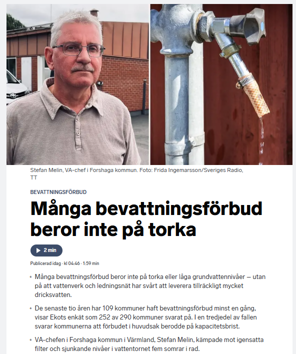 BroderNilsson's tweet photo. "Vattenbristen" i det vattenrika landet Sverige beror alltså på eftersatt underhåll & utbyggnad av samhällskritisk infrastruktur.

"Vattenbristen" är en del av klimat-agendan som ska nötas in i befolkningen så att de vänjer sig vid att dricka cirkulerat avloppsvatten, högre VA-taxor, sämre VA-nät & ingen egen brunn.