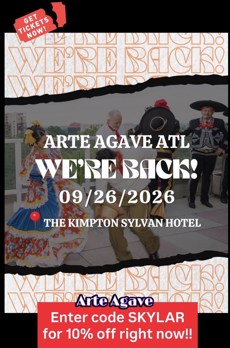 ServingLooksATL's tweet photo. Use code SKYLAR to save 10% on Arte Agave Atlanta tickets right now! ✨ https://t.co/hdLmPTdt5l

🍹 Join us Saturday, September 26 at the Kimpton Sylvan Hotel for an unforgettable evening of 100+ premium tequilas, mezcals, &amp; other agave spirits. ✨

#ArteAgave #festival #atlanta https://t.co/pwQRARYpaR