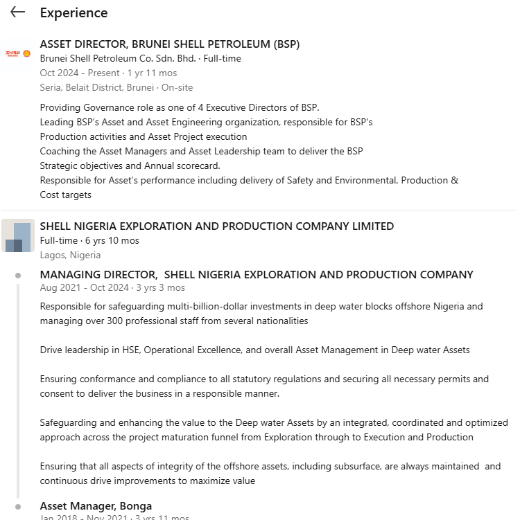 AskMichaelTaiwo's tweet photo. I went to LinkedIn to check out her Shell history and it is "typical" for those who rise to her level in the company.

Shell has a talent management tool called the "Current Estimated Potential." 

It is a way for the company to quickly sieve through the new employees and put them in a "box" 

The exercise was carried out every 2 years then (it is now every 3 years).

This is different from a performance review. 

This is a potential review exercise.

The company is asking, "how far do we think this person will go in this company?" 

As at the time she joined Shell, there were four levels.

Level 1: SE (Senior Executive) - this is where the Executive Vice Presidents all the way to the CEO sit.

Level 2: A-B (Level A or B) - this is for those who report to executive level. They are big guys too. 
For instance, her last role was likely at Job Grade B.

Level 3: 1-2 (Job Grade 1 or 2) - this is where most people retire from the company even after spending 40+ years. 

Level 4: 3-5 (Job Grade 3 or 5) - if you are a university graduate you are already here or will end up here if you stick around. It is given to people almost as a punishment. Shell discontinued it some years ago. So there are just three levels now.

What I am saying is this: within two years of joining Shell, she was probably already rated at a CEP Level of SE. 

This means Shell has said she should be put on a track that will let her become a "Senior Executive" one day.

The CEP becomes - more often than not - a self-fulfilling prophecy.

Once Shell labels your profile as an "SE":

-  you get assigned a current Senior Executive as a sponsor who fights for you,

- you are allowed to attend top programs to upskill you

- if you apply for any job within the company and the hiring manager sees that you are an "SE," your application automatically rises to the top. At that point, you are just competing with other "SE's." 

Not all Shell staff get rated. You have to be a university graduate, for instance. Less than 3% of staff are SE. 

My point is that her fate was already sealed in her first 2 years in the company. Looking at her LinkedIn history, I can tell you with concerning accuracy the type of considerations that went into each promotion. 

It is a machine the company has perfected over 100 years. It is both impressive and frightening depending on your vantage point.

Congratulations to her.

May her reign bode well for the company and the country.