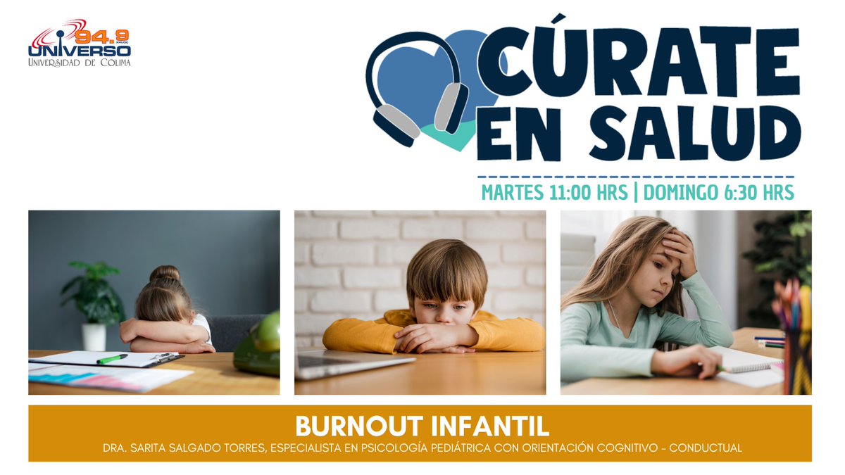UNIVERSO949's tweet photo. ¿Qué es el #burnout infantil?

Este martes 4 de agosto abordaremos el tema con la Dra. Sarita Salgado Torres, especialista en la psicología pediátrica con orientación cognitivo - conductual.

Te esperamos con preguntas en #Universo949, a las 11:00 horas ➡️ https://t.co/EqMWb8kIaZ https://t.co/Zro5dlEwKs