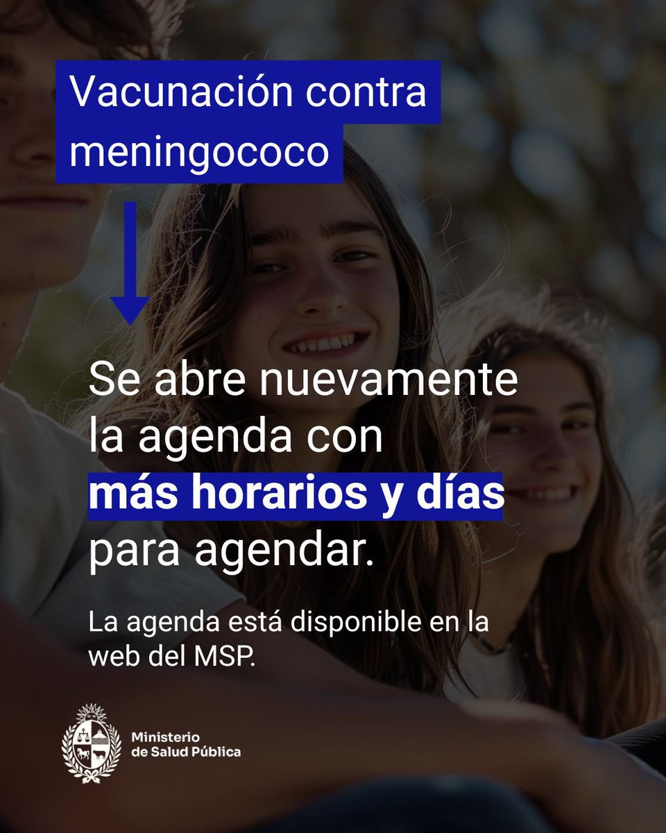 MSPUruguay's tweet photo. 📅 NOVEDAD: Ya habilitamos nuevos horarios y fechas para agendarse a la vacunación contra el meningococo.

💉 Además, Uruguay ya recibió más de 300.000 dosis de la vacuna, por lo que todas las personas comprendidas en los grupos definidos podrán acceder a la vacunación.💪🫂 https://t.co/1ldS8HYj66