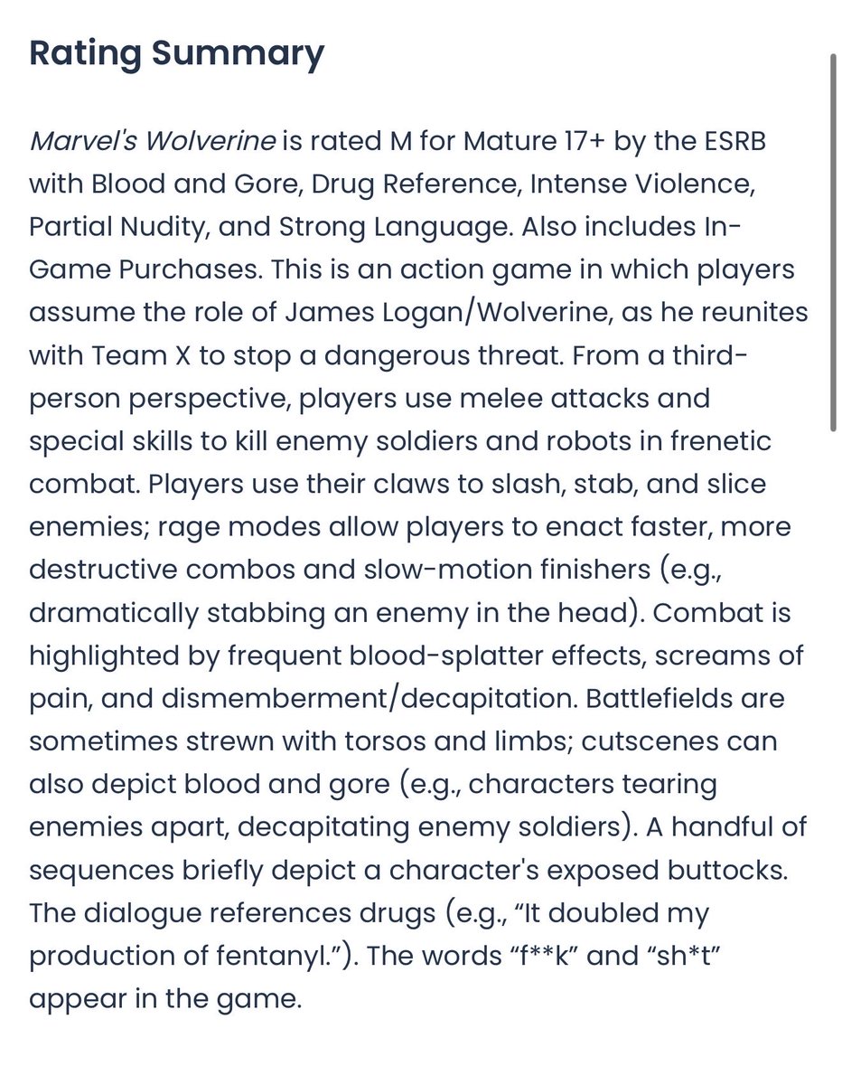 WolverineCD's tweet photo. Marvel’s Wolverine is officially rated M for Mature by the ESRB. https://t.co/frUjLVbQ6l

Pictured below is the official rating summary of Marvel’s #WolverinePS5. https://t.co/df3P8zee0g