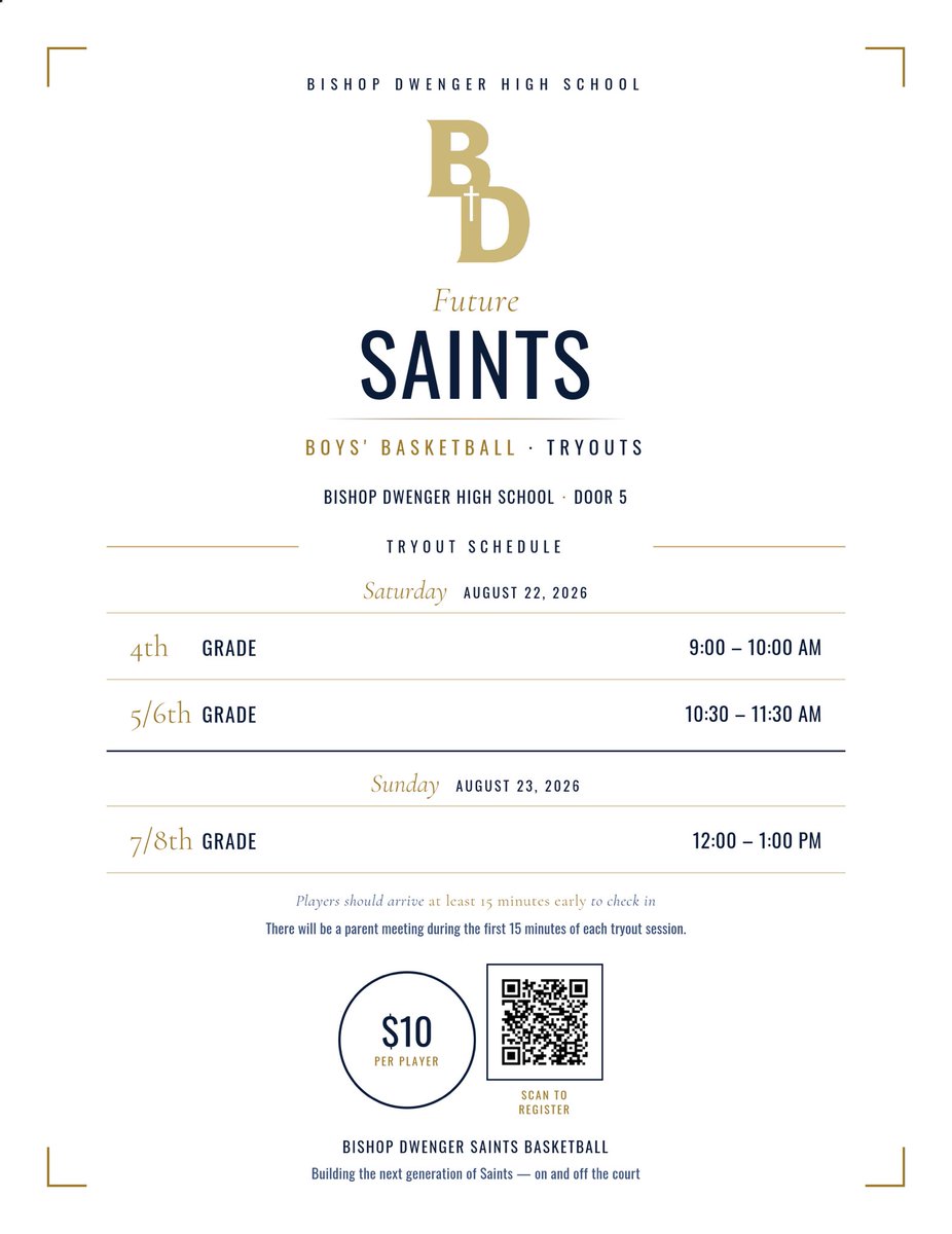 DwengerBBall's tweet photo. We are looking 👀 for the next generation of #FutureSaints ‼️
Mark your calendars 🗓️ for August 22 and 23 as we begin to form teams for the Fall and Winter seasons 🏀
See the flyer ⬇️ for grade-level specific dates and times. https://t.co/MZHwyxCRUV