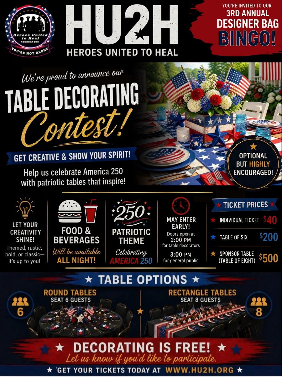 HeroesU2Heal's tweet photo. Get creative & celebrate America with FREE Table Decorating Contest at Purse Bingo! 🇺🇸🎉
📅 Aug 22
🕑 Decorators: 2PM
Public: 3PM
Bingo: 4-10PM
📍 3150 N Courtenay Pkwy, Merritt Island, FL
🎟 https://t.co/UuJv1e2P2v
Food & drinks available!
#Bingo #America250 #SupportOurHeroes https://t.co/8GPVEy2hym
