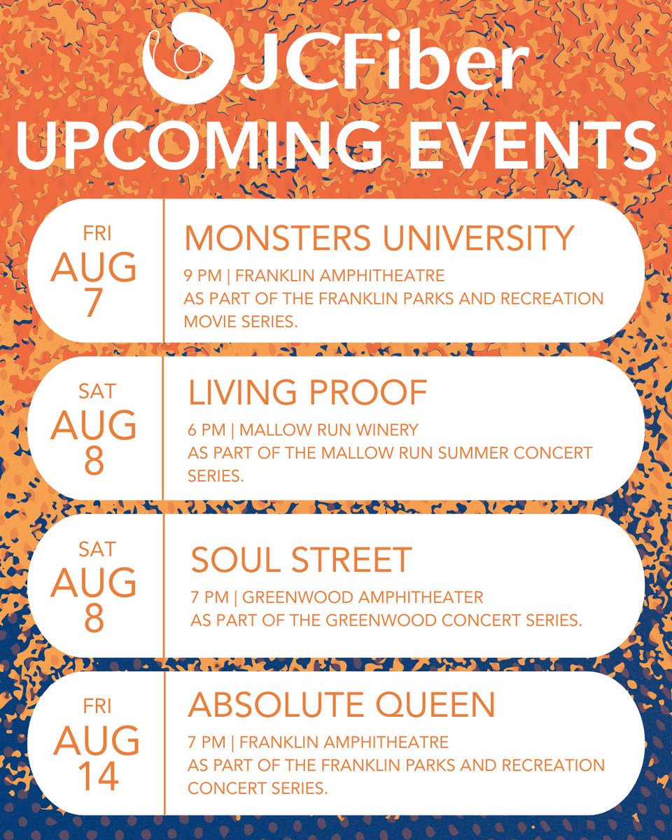 JCFiber's tweet photo. Nothing on your calendar? Fix that with these upcoming JCFiber-sponsored events. 🧡✨ https://t.co/U7WpbTy3Uw