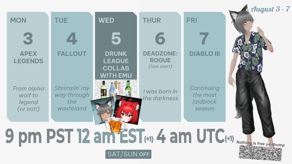 ContraOtxo's tweet photo. August 3-7 Schedule

IT'S NOOB WEEK~!

Uber Noob Apex
Flailing Noob Fallout
Drunk Noob Collab~🌴🐺🐈🧪 with @_Emelenzia
Not so Noob Deadzone
Noobingon Toobington Diablo

9 pm PST | 12 am EST | 4 am UTC
See you there~🐺💙
#VTuberEN #ENVtuber #NewVTuber https://t.co/xM04TyCUFi