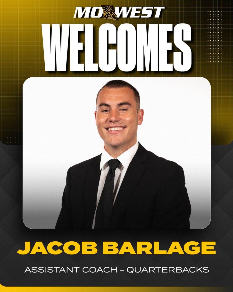 MWSUGriffons's tweet photo. Welcome to MoWest, Jacob Barlage 🏈

Barlage joins the Griffon football coaching staff as assistant coach working with the quarterbacks.

📰- https://t.co/CS2zqML27n

#GriffUp 🦅🦁 https://t.co/CZOdWhoKkw