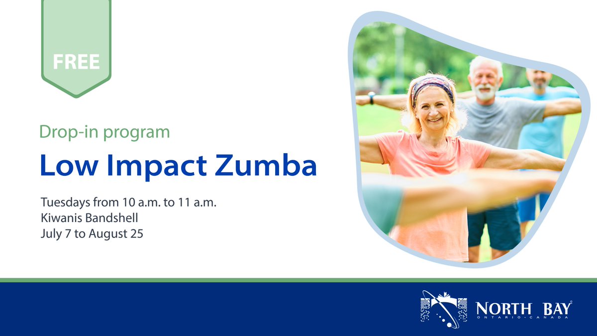 cityofnorthbay's tweet photo. Low-Impact Zumba returns to the Kiwanis Bandshell tomorrow, August 4, from 10 to 11 a.m.

The program runs every Tuesday until August 25. No registration required. https://t.co/9eC9pEzh5o