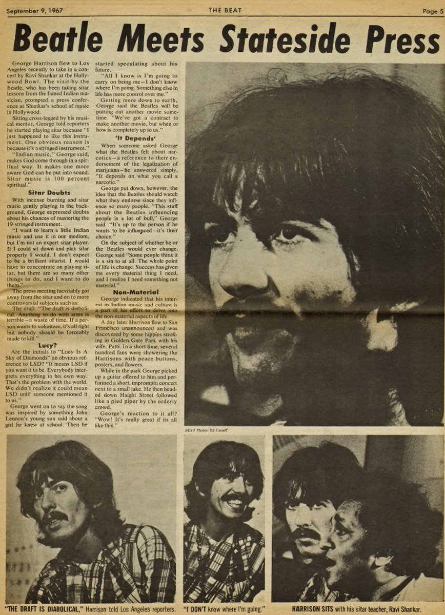 vampgeorge's tweet photo. the full interview page from the august 3 press conference held at ravi shankar's kinnara school of music as featured in KRLA's the beat, published on september 9, 1967. https://t.co/BJ6Vw3Ar8O