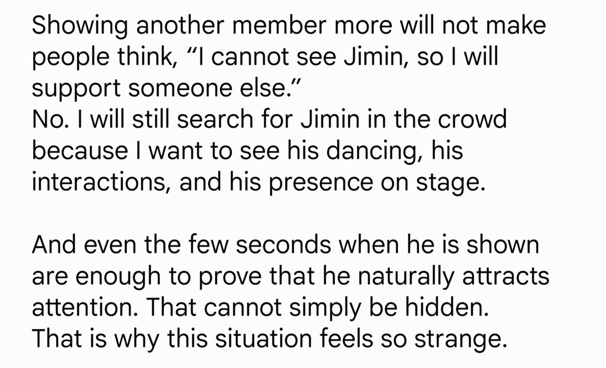 eshli26291's tweet photo. The second possibility is some kind of behind-the-scenes strategy from HYBE. It feels like an attempt to reduce Jimin's visibility.
But I do not understand the logic behind it.
Not showing him on the screens will not make people who came for Jimin suddenly stop loving him.👇 https://t.co/rdboISvSw9