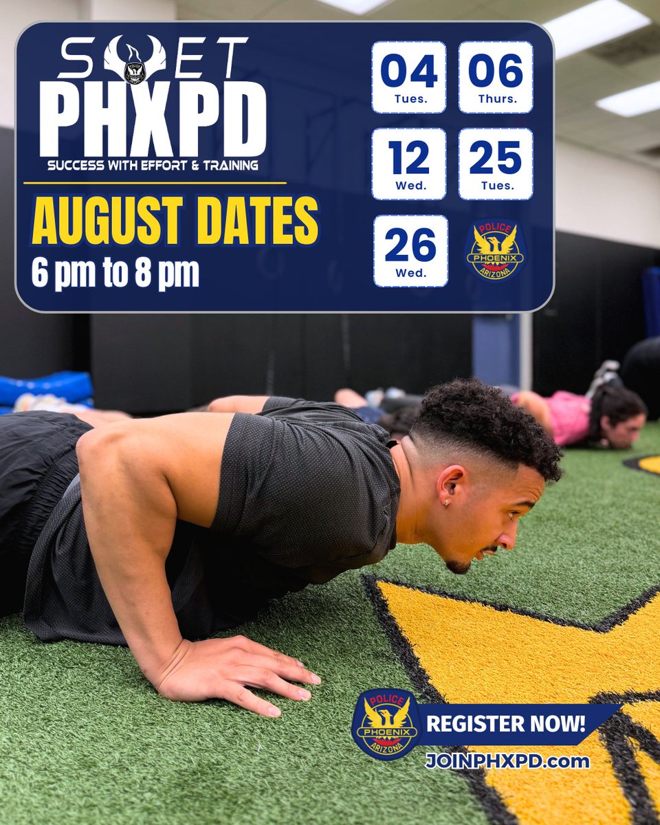 joinphxpd's tweet photo. If you’re already in the hiring process, join us this month and train directly with our recruiters.

Registration is required, and you must sign up using your City of Phoenix Police Recruit applicant ID number.

Secure your spot at https://t.co/fok7x4twQu 🚓 https://t.co/94IGYhamtw
