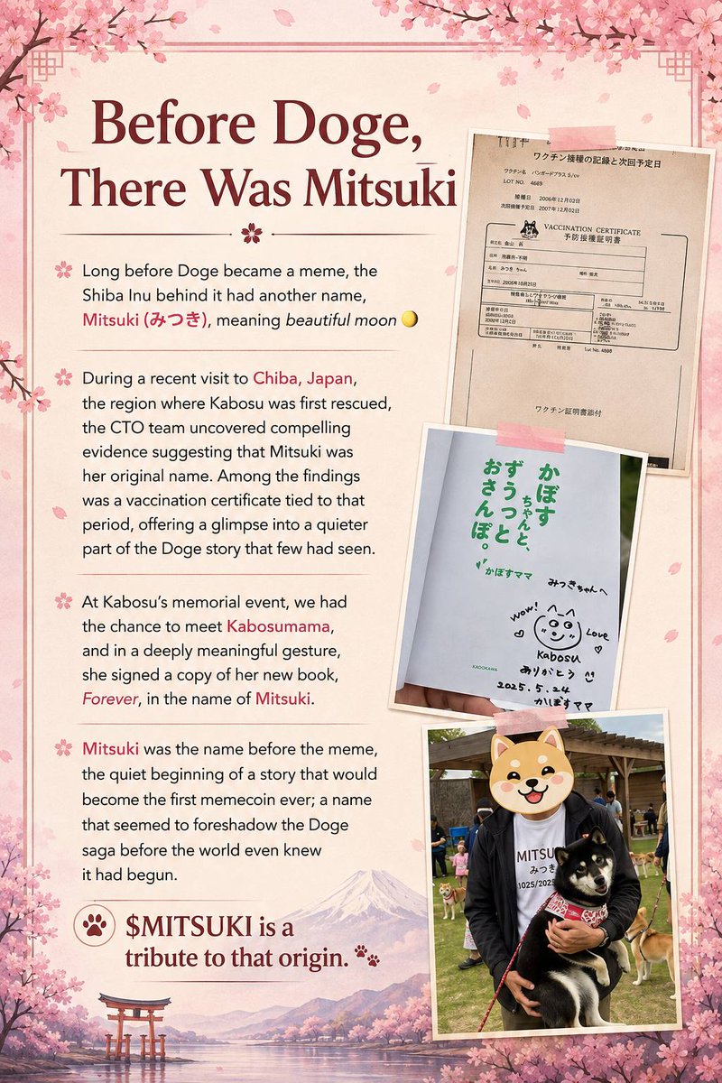 MitsukiOG25's tweet photo. Behind every great story is a quiet beginning.

A name.

A memory.

A moment that almost faded away.

Life moves so fast that we rarely stop to appreciate where things began.

Mitsuki is our reminder that beginnings matter.

That kindness matters. And that the best communities aren’t built on hype, they’re built on people who choose to do good, every day.

Before Doge, There Was Mitsuki.🌸