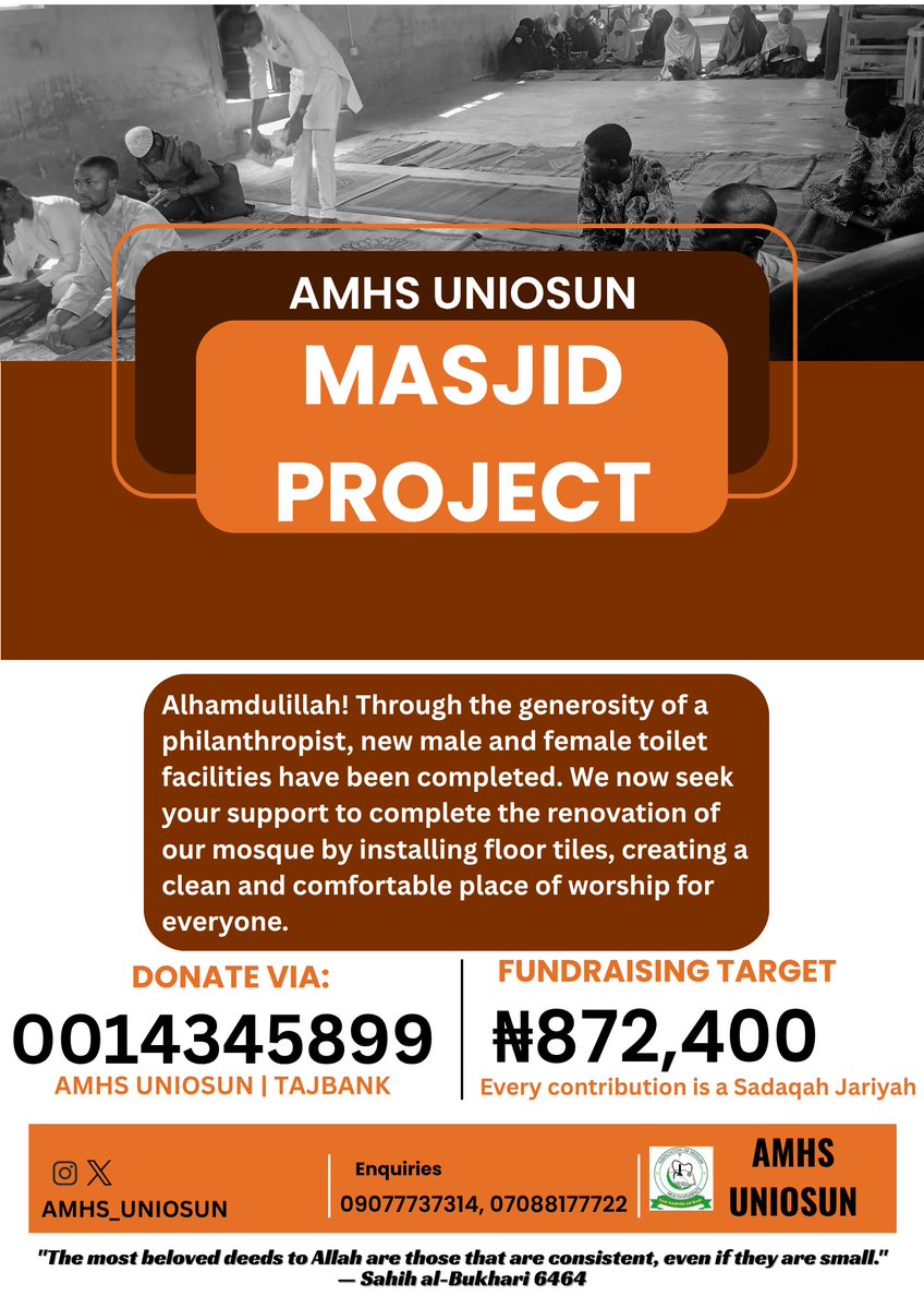 AMHSUniosun's tweet photo. SUPPORT CHS ISALE OSUN MASJID PROJECT

Asalam alaykum warahmatullah wabarakatuh 

Alhamdulillah! Through the generosity of a philanthropist, new male and female toilet facilities have been completed. We now seek your support to complete the renovation of our campus masjid by https://t.co/aIYxHdp4mA
