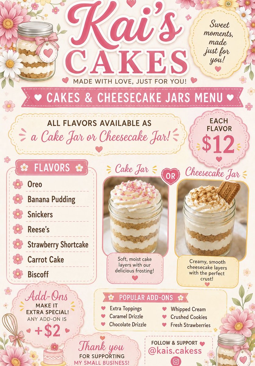 Typicalkai_'s tweet photo. Hello! Help support my small growing business of dessert jars. 🎂🫙I offer cake or cheesecake jars or cups. Only $5 to preorder. Order via instagram dm @typical.kaiya or @kais.cakess . Available for pickup or delivery in the Cleveland area. https://t.co/yEZla7feXP