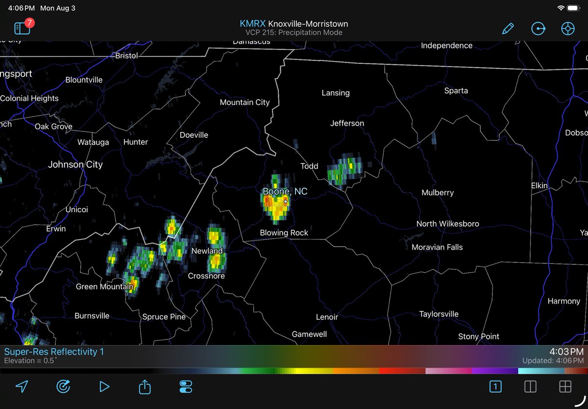WataugaOnline's tweet photo. π§οΈ RADAR 4:03 PM β Stationary cells over Boone and near Newland/Crossnore. Nearly stationary storms on saturated ground = elevated flash flood risk. Streams still running high from weekend. Watch for rapidly rising water. Don't drive flooded roads. #WataugaCounty #Boone #HighCountryNC