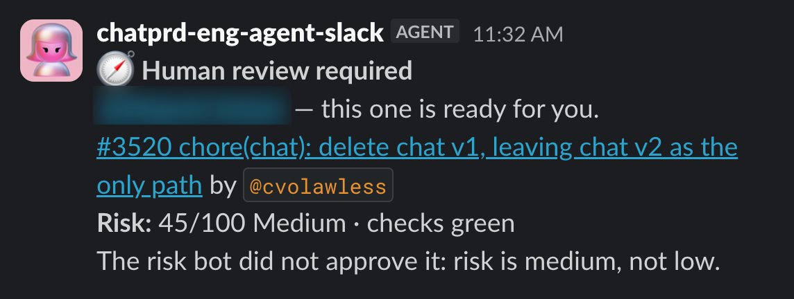Risk review panel showing a 45/100 medium-risk change with auto-approval denied