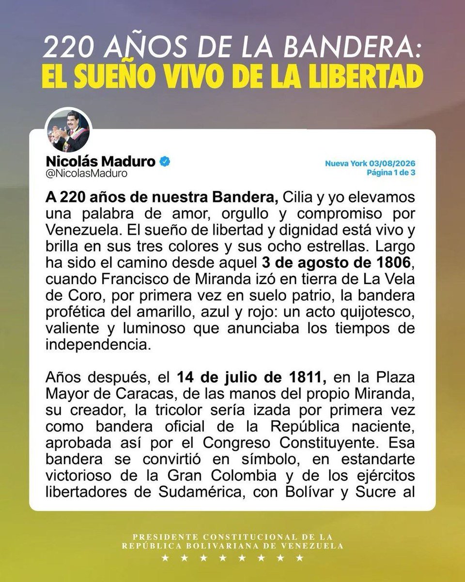NicolasMaduro's tweet photo. En este Día de la Bandera, nos llenamos de orgullo patrio por nuestro ondeante tricolor de ocho estrellas, que hace 220 años profetizó tiempos de independencia y con el pasar de la historia se convirtió en un símbolo del renacimiento nacional. https://t.co/4t6gtoQMfb