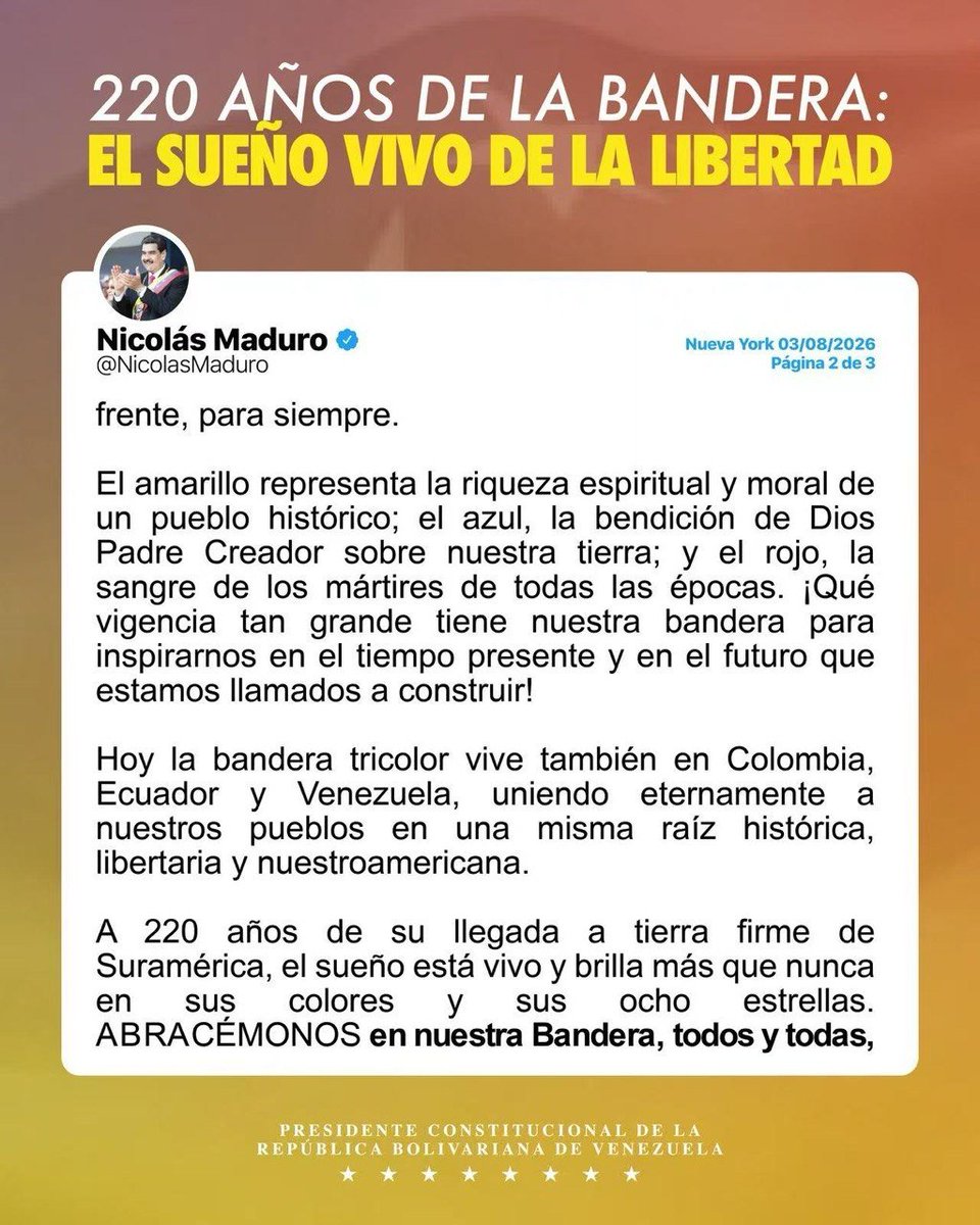 NicolasMaduro's tweet photo. En este Día de la Bandera, nos llenamos de orgullo patrio por nuestro ondeante tricolor de ocho estrellas, que hace 220 años profetizó tiempos de independencia y con el pasar de la historia se convirtió en un símbolo del renacimiento nacional. https://t.co/4t6gtoQMfb