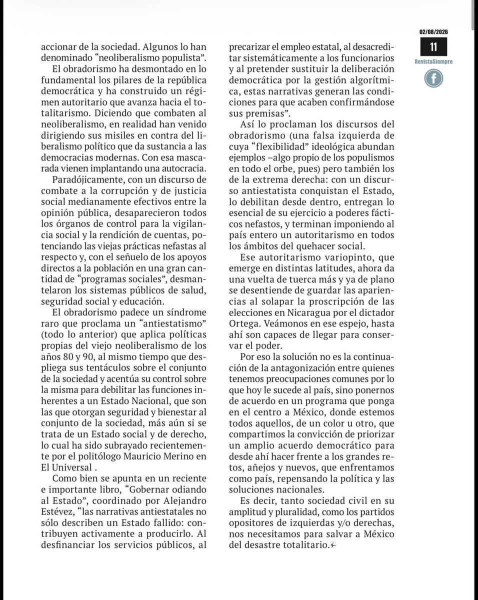 Jesus_ZambranoG's tweet photo. La solución a los problemas de México no es la antagonización entre oposiciones, sino la confluencia tanto de la sociedad civil en su amplitud y pluralidad, como de las organizaciones y los partidos opositores, de izquierdas y derechas.

Al respecto escribo en @Siempre_revista https://t.co/AxalBgXglD