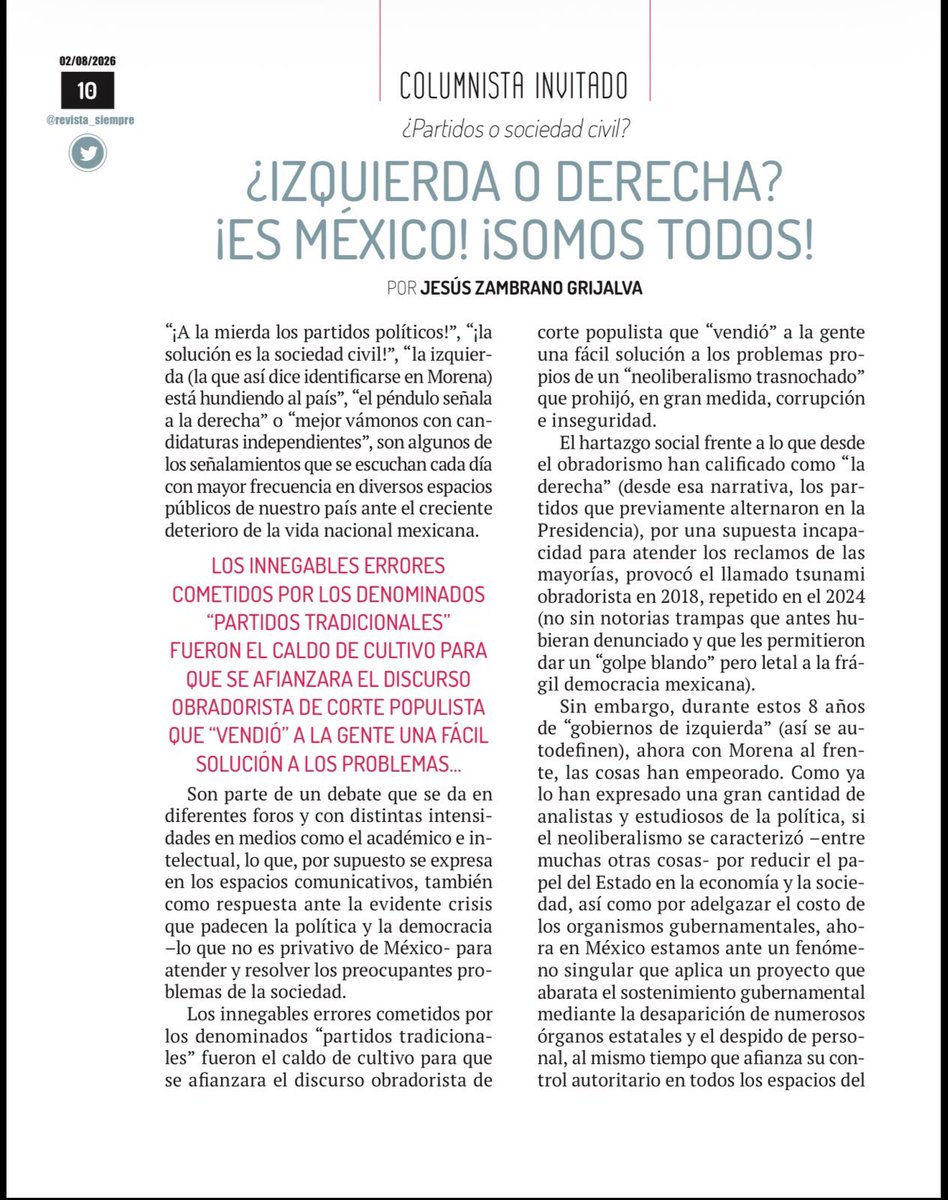 Jesus_ZambranoG's tweet photo. La solución a los problemas de México no es la antagonización entre oposiciones, sino la confluencia tanto de la sociedad civil en su amplitud y pluralidad, como de las organizaciones y los partidos opositores, de izquierdas y derechas.

Al respecto escribo en @Siempre_revista https://t.co/AxalBgXglD