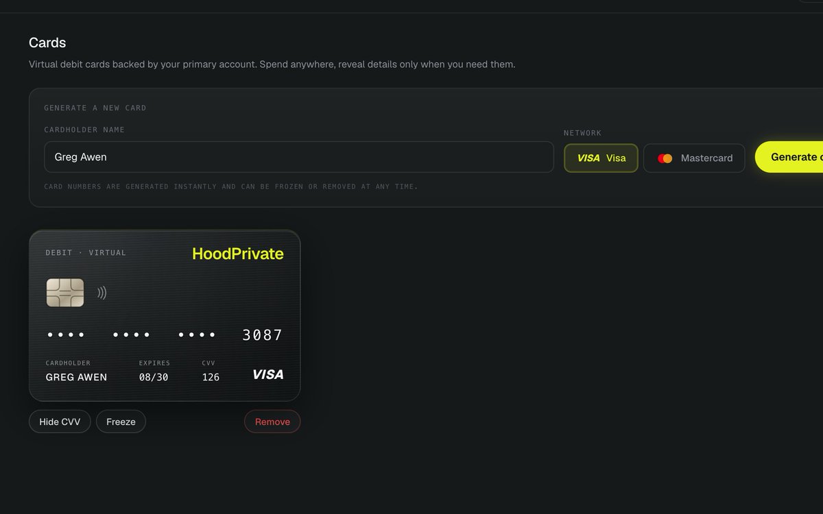 agenticgreg's tweet photo. @hoodprivatecom this is insane, i just paid for claude using a brand new @hoodprivatecom account that i created in less than 5 mins.

✅ signed up for new account, no kyc
✅ topped up account with $100 in USDG
✅ created new Visa debit virtual card
✅ paid for claude invoice using new card https://t.co/xhutgo65YU