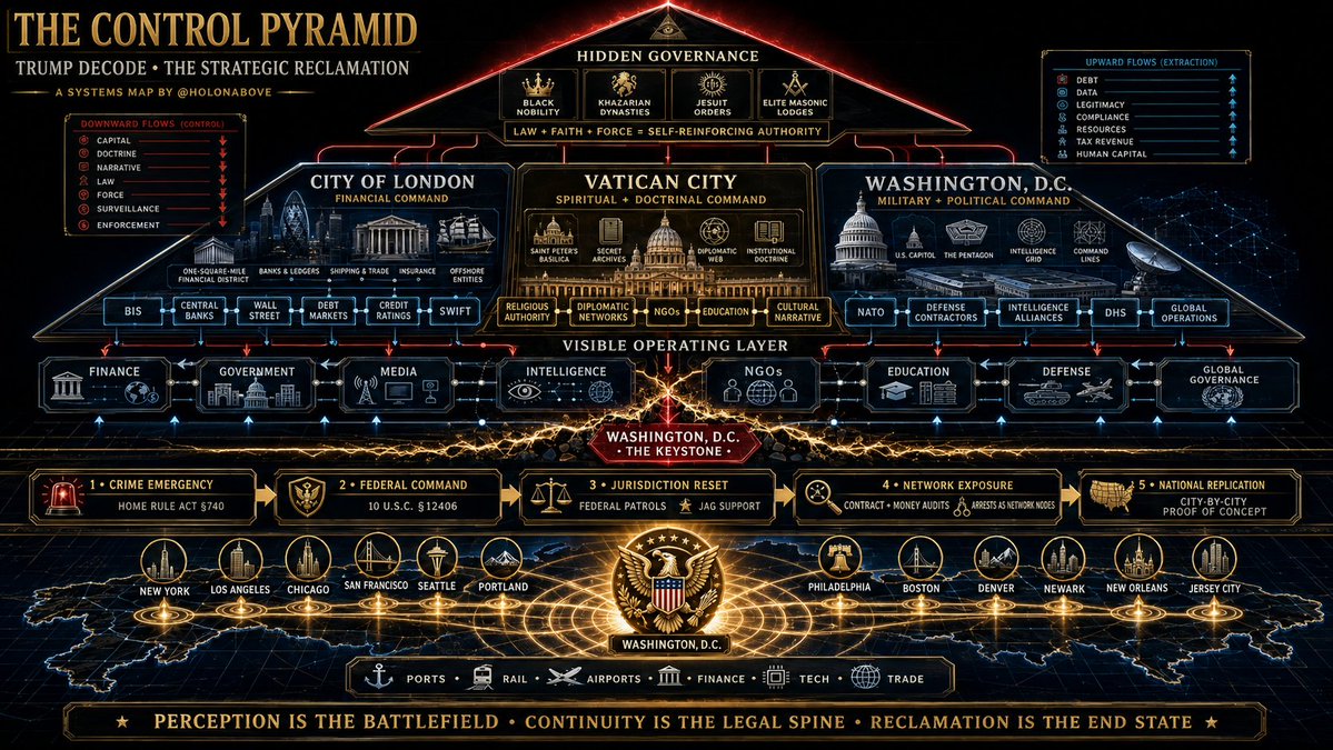 holonabove's tweet photo. This thread maps the control pyramid in its full architecture… the hidden networks at the apex… 

The City of London moving the money… the Vatican shaping doctrine… Washington, DC projecting political and military force…  it shows the visible institutions carrying that power into every layer of society… 

Then it follows the BQQM flip as DC, the keystone holding the structure together, is pulled from the machine and turned into the command center for its systematic reclamation… 

Read slowly… the scale of what changed becomes impossible to unsee…