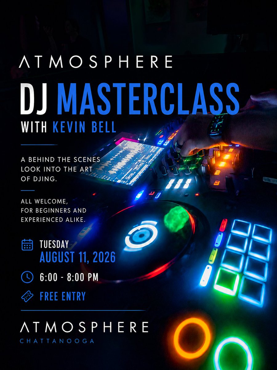 hiatmosphere's tweet photo. Every great DJ has a first transition. Every great career starts by learning the fundamentals.

Whether you've never touched a controller or you've been playing for years, this is an opportunity to sharpen your skills and connect with others.  

Kevin Bell has spent years behind the decks, producing music, building events, and performing for crowds from coast to coast. His experience spans clubs, festivals, production, live sound, and education, giving him a perspective that goes far beyond simply pressing play.

This isn't a classroom lecture.

It's a behind-the-scenes look at:
 • Reading a room
 • Building a set
 • Mixing techniques
 • Equipment workflow
 • Live Q&A

Bring your questions. Bring your curiosity.

Whether your goal is your first set or your next one, everyone is welcome.

DJ MASTERCLASS with Kevin Bell
Tuesday, August 11
• 6:00–8:00 PM
• ATMOSPHERE Chattanooga
• Free Entry

Learn the craft. Meet the community. Take the next step.
---
#ATMOSPHEREChattanooga #DJMasterclass #KevinBell #HouseMusic #ChattanoogaMusic #ArtofDJing #DJCulture #ElectronicMusic #LearnToDJ #ChattanoogaEvents