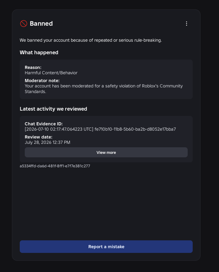 Gabriel66765664's tweet photo. @tiffikan @Roblox @Roblox @DavidBaszucki I truly believe my account was terminated by mistake. After almost 8 years, I lost everything over a chat message I can't even see. 
username: gabriel2106200
display name: koshi https://t.co/TE0PB5bbwN