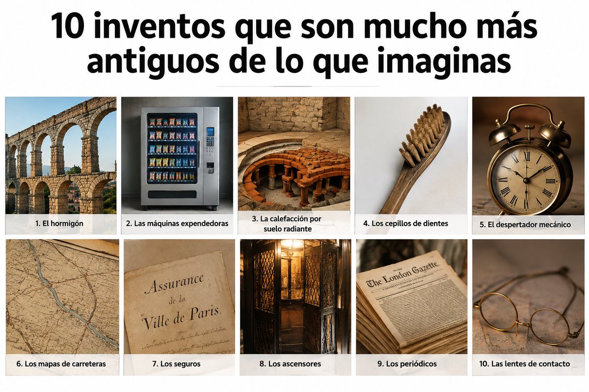 ListaIncomoda's tweet photo. 10 inventos que son mucho más antiguos de lo que imaginas

Pensamos que son inventos modernos, pero algunos llevan siglos entre nosotros:
- El hormigón → hace más de 2.000 años.
- Las máquinas expendedoras → Antigua Grecia.
- La calefacción por suelo radiante → Imperio Romano.
- Los cepillos de dientes → China (siglo XV).
- El despertador mecánico → siglo XVIII.
- Los mapas de carreteras → época romana.
- Los seguros → hace cientos de años.
- Los ascensores → antes de la electricidad.
- Los periódicos → siglo XVII.
- Las lentes de contacto → descritas por Leonardo da Vinci.

¿Cuál te sorprende más?