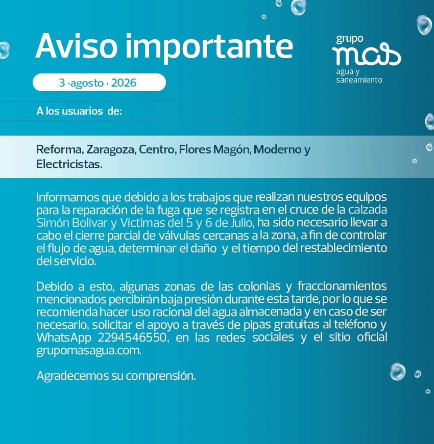 GrupoMASAgua's tweet photo. Aviso importante a nuestros usuarios de las siguientes colonias y fraccionamientos:
Reforma, Zaragoza, Centro, Flores Magón, Moderno y Electricistas.💧

#Veracruz https://t.co/7LQarg3ZqK