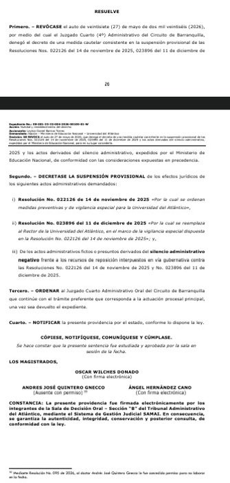 ExtraNoticiasCo's tweet photo. Atención. Fallo judicial despeja el camino para el regreso de @LeytonBarrios_ a la Rectoría de @udeatlantico . @Mineducacion ,@Gobatlantico . https://t.co/zqNd26rNnI
