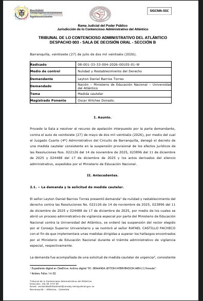 ExtraNoticiasCo's tweet photo. Atención. Fallo judicial despeja el camino para el regreso de @LeytonBarrios_ a la Rectoría de @udeatlantico . @Mineducacion ,@Gobatlantico . https://t.co/zqNd26rNnI