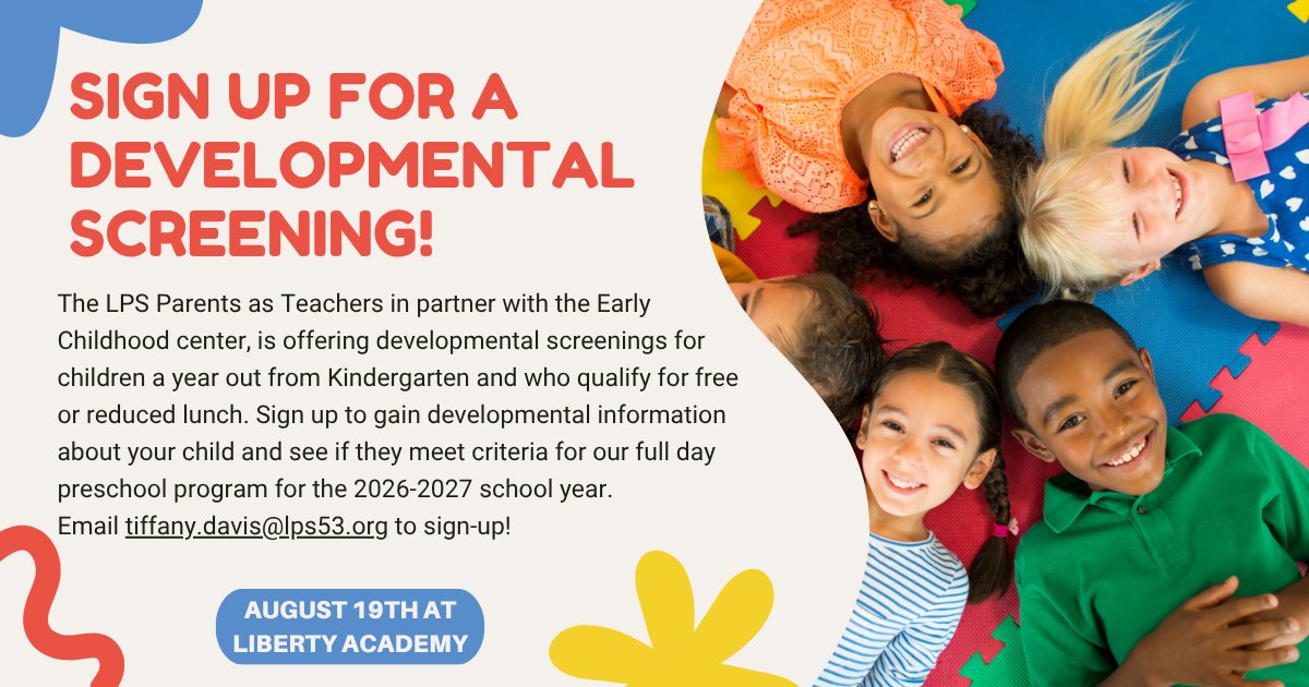 LIBERTYSCHOOLS's tweet photo. LPS Parents as Teachers, in partnership with the Early Childhood Center, is offering developmental screenings for children a year out from Kindergarten and who qualify for free or reduced lunch. Sign up to gain developmental information about your child and see if they meet criteria for our full-day preschool program for the 2026-2027 school year. Email tiffany.davis@lps53.org to sign-up! #LPSLeads