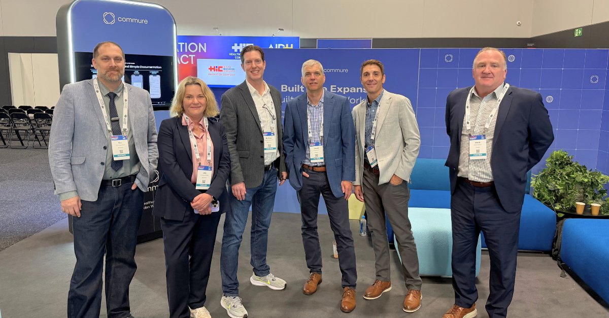 CommureOS's tweet photo. Day one at HIC Sydney: our team at Booth 13 walking through ambient AI clinical documentation, from demo to deployment. @MEDITECH's team stopped by to talk integration. Back at Booth 13 tomorrow for day two. https://t.co/wTeUbBHsQ1
