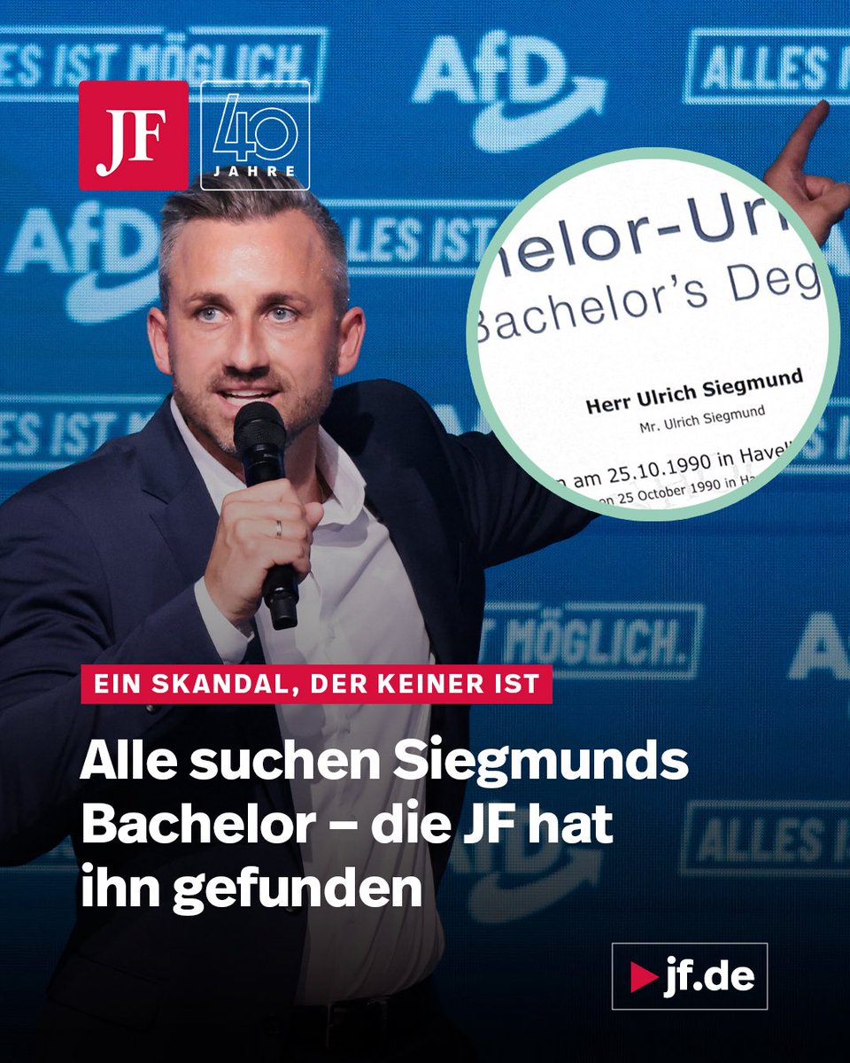 jungefreiheit's tweet photo. Medien spekulieren, Sachsen-Anhalts AfD-Spitzenkandidat Ulrich Siegmund habe – anders als von ihm angegeben – keinen Bachelor. Der JUNGEN FREIHEIT liegen jedoch Urkunde, Zertifikat und Zeugnis vor.
https://t.co/Lvx7dtINkT https://t.co/wPHyXhLoj7