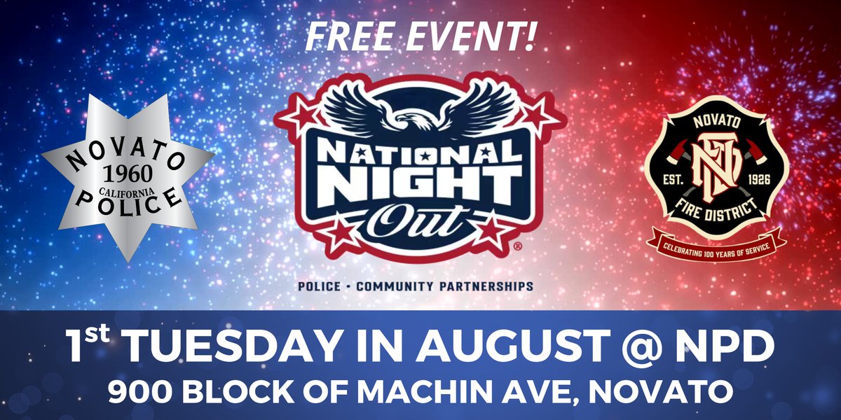 NovatoPolice's tweet photo. 📢UPCOMING EVENT: Novato's National Night Out - Tuesday 8/4 @ 4pm - 6pm (922 Machin Ave) 

Join us for an evening of community, connection, and family fun as we celebrate National Night Out in Novato!

Event Details
📍Location: City of Novato Parking Lot (922 Machin Ave) 
📅Date: Tuesday, August 4th
⏰Time: 4PM  - 6PM 

What to Expect
🍭Treats: Popcorn, Refreshments, Otter Pops & Giveaways! 
👋Meet Your Novato First Responders (Novato Police, Novato Fire, Marin CHP)
🎯Fun Activities/Games for all ages. Win a Tour of the Department!
🤝Community Resources: City of Novato Park & Rec, Novato K9 Foundation, North Marin Community Services, Veterans of Foreign Wars (VFW), Marin Humane, First Responder Therapy Dogs, Center for Domestic Peace, SAFE Team & the Salvation Army  
🚔🚒Vehicles: Police cars, fire engine, CHP, Motorcycles, SWAT Van, SAFE Team & more! 

Connect with neighbors, meet your Novato Police Officers, Novato Firefighters, Marin CHP, & many more of our friends, including local organizations dedicated to keeping Novato safe. National Night Out is a fantastic opportunity to enjoy a relaxed, family-friendly evening. 

We can't wait to see you there!