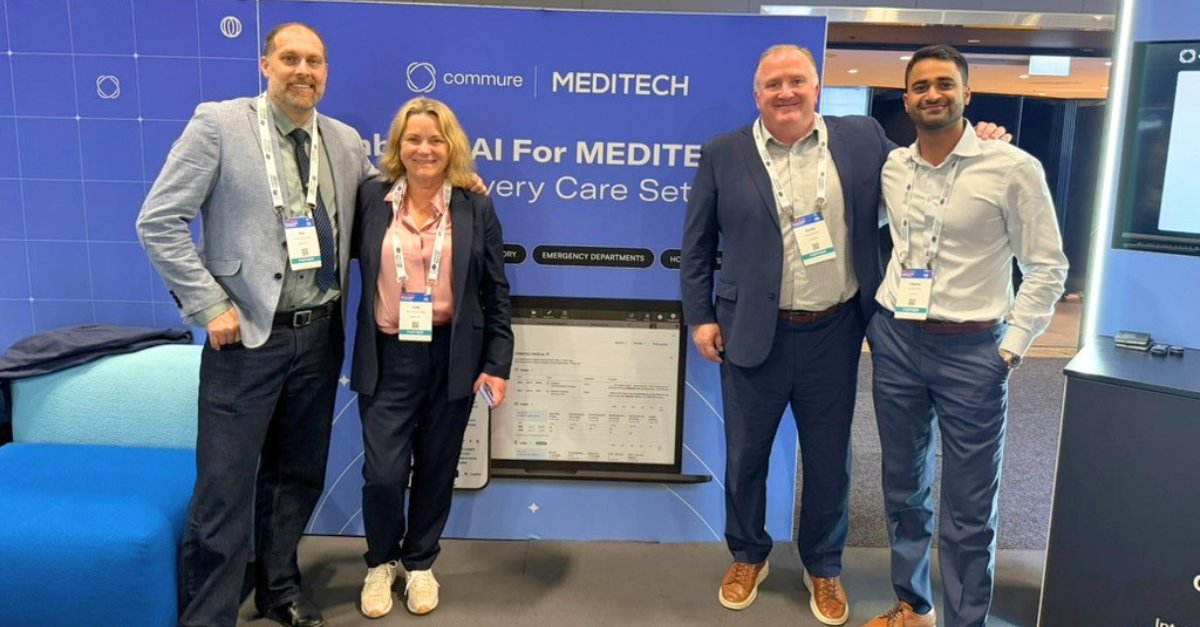 CommureOS's tweet photo. Day one at HIC Sydney: our team at Booth 13 walking through ambient AI clinical documentation, from demo to deployment. @MEDITECH's team stopped by to talk integration. Back at Booth 13 tomorrow for day two. https://t.co/wTeUbBHsQ1