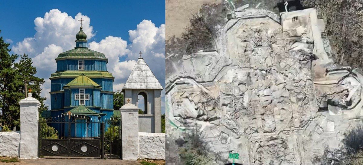 KyivPost's tweet photo. Putin’s forces destroyed the 300-year-old Holy Presentation Church in Kherson region.

Built in 1725 without metal nails, it was Ukraine’s only surviving example of 18th-century Cossack wooden church architecture. https://t.co/jylW7mFAkz