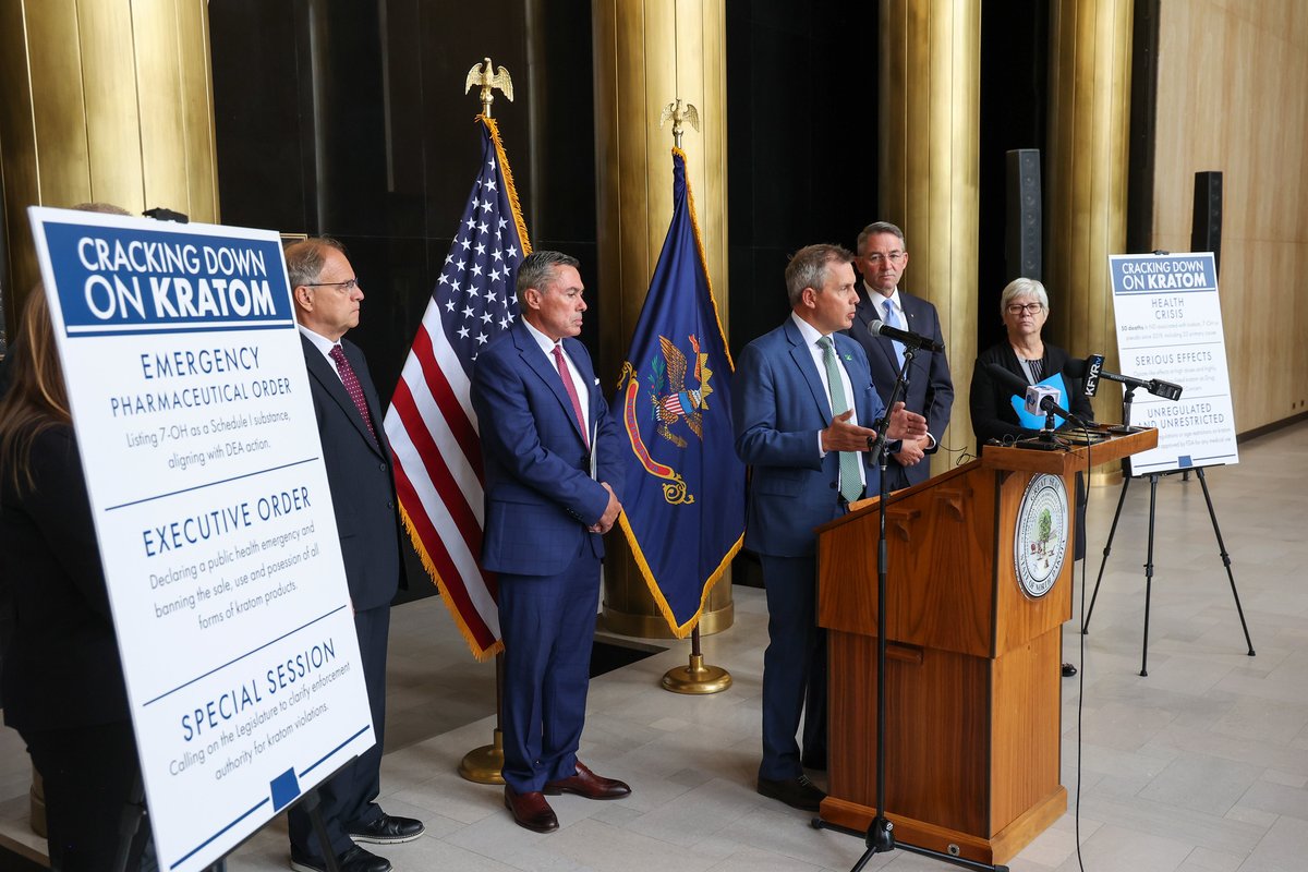 GovArmstrong's tweet photo. North Dakotans are overdosing and dying from a product you can buy off the shelf in a convenience store without any regulations or age requirement. We have a responsibility to our citizens and young people to educate them on the risks of these substances and limit access to protect their well-being.

Today, we signed an emergency pharmaceutical order, issued an executive order, and announced our plan to call a special session of the Legislature to address kratom enforcement.

Full press release: https://t.co/zKI1bHm7GT