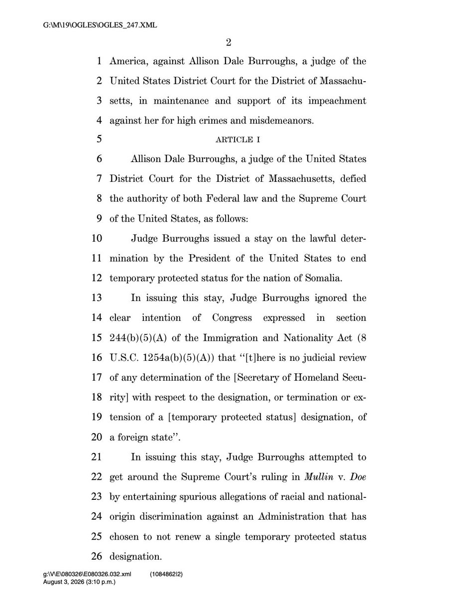 RepOgles's tweet photo. 🚨 I have just introduced articles of impeachment against radical judicial activist Judge Allison Burroughs for ignoring the Supreme Court and attempting to force mass migration from Somalia into American communities.

America is not Africa’s dumping ground. We will end Temporary Protected Status, remove those who have no lawful right to remain, and put the sovereignty of the American people FIRST.