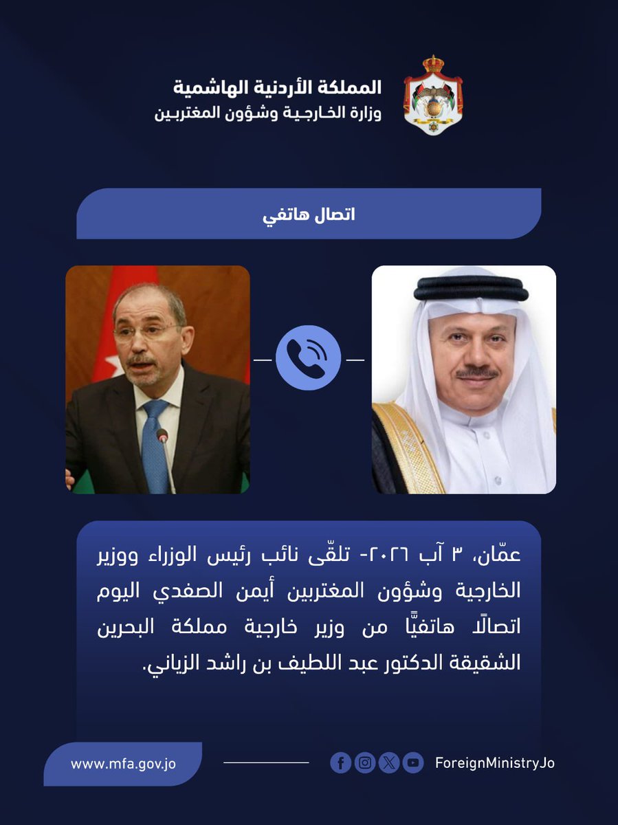 ForeignMinistry's tweet photo. تلقّى نائب رئيس الوزراء ووزير الخارجية وشؤون المغتربين أيمن الصفدي @AymanHsafadi اليوم اتصالًا هاتفيًّا من وزير خارجية مملكة البحرين الشقيقة الدكتور عبد اللطيف بن راشد الزياني.
 
وبحث الوزيران العلاقات الأخوية الراسخة التي تربط المملكتين الشقيقتين، وسبل تعزيز التعاون الثنائي في مختلف المجالات خدمةً لمصالح البلدين والشعبين الشقيقين. 

كما بحث الصفدي والزياني تطورات الأوضاع الإقليمية، وسبل دعم الجهود الإقليمية والدولية المُستهدِفة خفض التصعيد واستعادة الهدوء وتحقيق الأمن والاستقرار في المنطقة.

كما بحث الوزيران عددًا من القضايا ذات الاهتمام المشترك، واتفقا على مواصلة التنسيق والتشاور بين البلدين ثنائيًّا وفي إطار المنظمات متعدّدة الأطراف إقليميًّا ودوليًّا.

#الأردن
#البحرين