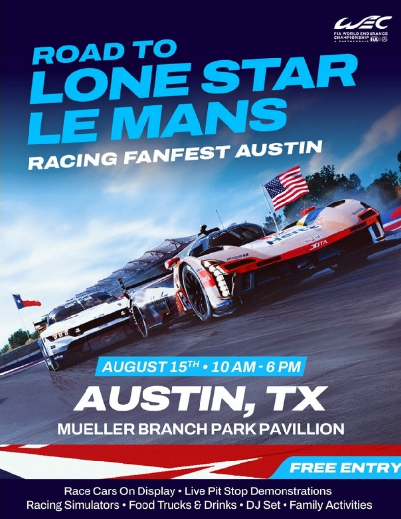 SyncatMueller's tweet photo. Calling all race fans!

Saturday, August 15, from 10a-6p, we'll be celebrating endurance racing at its finest with the Road to Lone Star Le Mans Racing Fan Fest at the Branch Park Pavilion.

This completely FREE and family-oriented event will feature:
Race cars on... https://t.co/Tucxi78DIR
