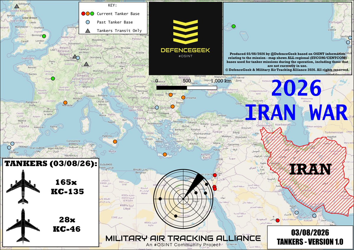DefenceGeek's tweet photo. US Tanker Base Map - Return to ORBATs? #IranWar‌ 

When the war broke out, I stopped doing detailed ORBATs for reasons I explained at the time. Given the ceasefire has been ongoing for so long now, I figured it was time to play around with an ORBAT-style map format again.

If folks like it, I'll likely collab with @ArmchairAdml and other @MATA_osint team members to produce similar maps for the Fast-Jet, ISTAR & other types fleets of US aircraft deployed in EUCOM/CENTCOM - so let me know what you think!